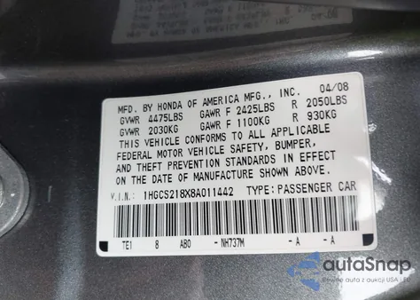 2008 Honda Accord 3.5 Ex-L from USA, damaged, VIN 1HGCS218X8A011442